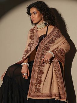 Libas - Women Beige Floral Woven Design Wool Shawl