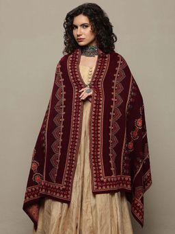 Libas - Women Maroon Floral Woven Design Wool Shawl