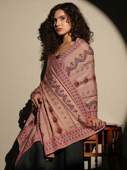 Libas - Women Peach Floral Woven Design Wool Shawl