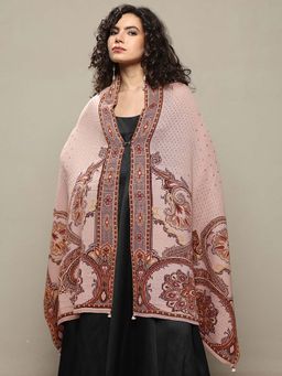 Libas - Women Peach Floral Woven Design Wool Shawl