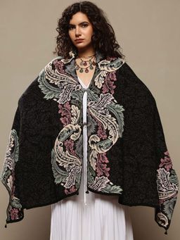 Libas - Women Black Floral Woven Design Wool Shawl