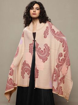 Libas - Women Beige Floral Woven Design Wool Shawl