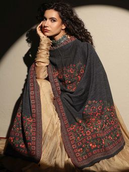 Libas - Women Grey Floral Woven Design Wool Shawl
