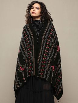 Libas - Women Black Floral Woven Design Wool Shawl