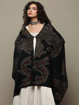 Libas - Women Black Floral Woven Design Wool Shawl