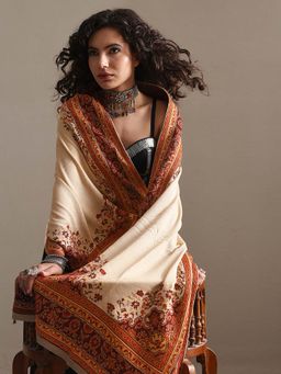 Libas - Women Beige Floral Woven Design Wool Shawl
