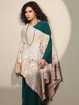 Libas - Women White Floral Woven Design Wool Shawl