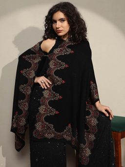 Libas - Women Black Floral Woven Design Wool Shawl
