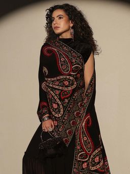 Libas - Women Black Floral Woven Design Wool Shawl