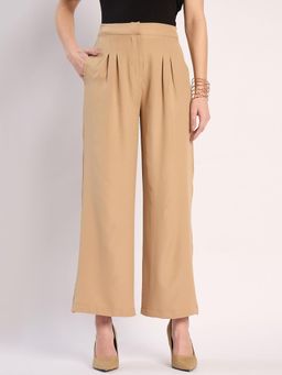 Femmella - Beige Pleat Detail Straight Pant