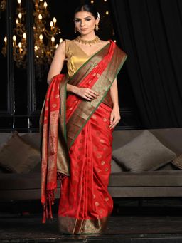 Beatitude - Red Soft Slub Silk Banarasi Woven Saree with Unstitched Blouse