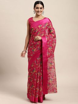Odette - Cotton Silk Pink Printed Saree with Unstitched Blouse