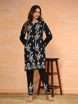 HOUSE OF KARI - Black Fizaa Chikankari Short Modal Kurta with Pant (Set of 2)