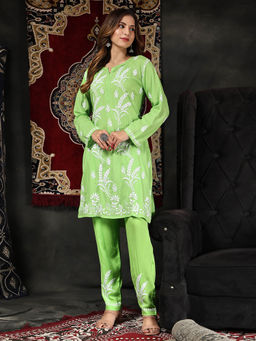 HOUSE OF KARI - Green Fizaa Chikankari Short Modal Kurta with Pant (Set of 2)