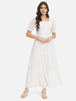 ALL WAYS YOU - Women Cream Self-Design Georgette Square Neck Half Sleeve Party Maxi Dress