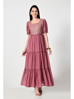 ALL WAYS YOU - Women Pink Embellished Georgette Square Neck Half Sleeve Party Maxi Dress