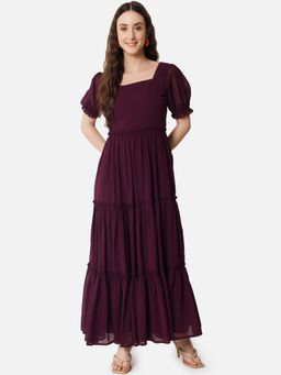 ALL WAYS YOU - Women Wine Georgette Square Neck Half Sleeve Party Maxi Dress