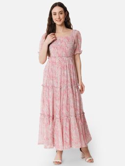 ALL WAYS YOU - Women Pink Printed Georgette Square Neck Half Sleeve Party Maxi Dress