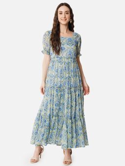 ALL WAYS YOU - Women Blue Floral Georgette Square Neck Half Sleeve Party Maxi Dress