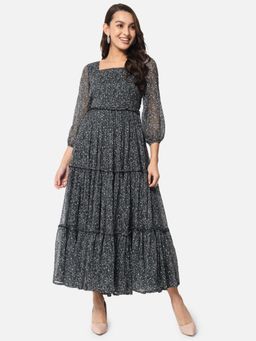 ALL WAYS YOU - Women Black Floral Georgette Square Neck Three-Fourth Sleeve Party Maxi Dress