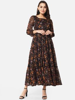 ALL WAYS YOU - Women Black Floral Georgette Square Neck Three-Fourth Sleeve Party Maxi Dress