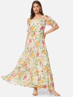 ALL WAYS YOU - Women Multi-Color Floral Georgette Square Neck Half Sleeve Party Maxi Dress