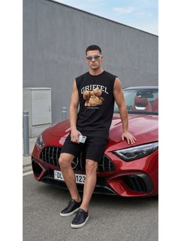Griffel - Black Graphic Cotton Regular Fit Tank Top