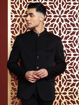 MANQ - Black Solid Polyester Satin Slim Fit Blazer