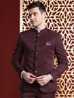 MANQ - Burgundy Solid Polyester Satin Slim Fit Blazer