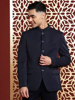MANQ - Navy Blue Solid Polyester Satin Slim Fit Blazer