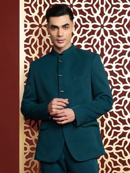 MANQ - Teal Solid Polyester Satin Slim Fit Blazer
