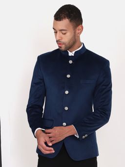 MANQ - Navy Blue Solid Velvet Slim Fit Blazer