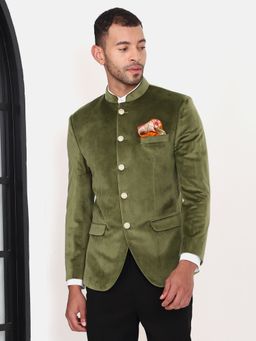 MANQ - Olive Solid Velvet Slim Fit Blazer