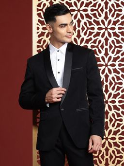 MANQ - Black Solid Polyester Satin Slim Fit Blazer