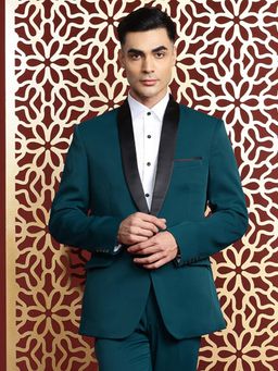 MANQ - Teal Solid Polyester Satin Slim Fit Blazer