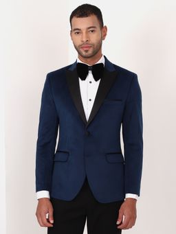 MANQ - Blue Solid Velvet Slim Fit Blazer