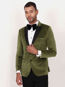 MANQ - Olive Solid Velvet Slim Fit Blazer