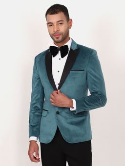 MANQ - Teal Solid Velvet Slim Fit Blazer