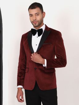 MANQ - Maroon Solid Velvet Slim Fit Blazer