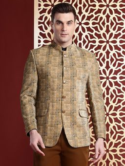 MANQ - Beige Printed Velvet Slim Fit Blazer