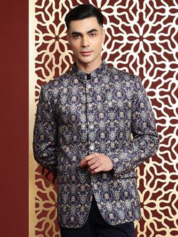 MANQ - Blue Printed Velvet Slim Fit Blazer