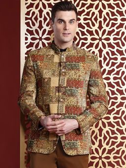 MANQ - Brown Printed Velvet Slim Fit Blazer