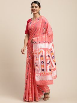 Vastranand - Pink & Blue Woven Design Jamdani Saree with Unstitched Blouse