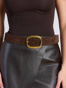 Twenty Dresses by Nykaa Fashion - Dark Brown Chunky Rectangle Buckle Faux Suede Belt For Women