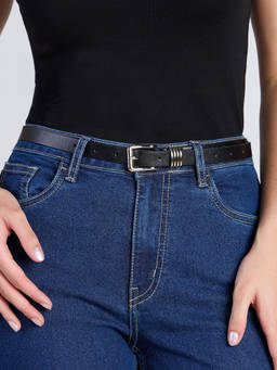 Twenty Dresses by Nykaa Fashion - Black Solid Slim Square Buckle Womens Belt With Metal Detail