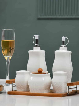At Home by Nilkamal - Ceramic Condiments Set of 5 with Bamboo Base (White)