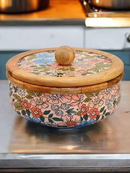 At Home by Nilkamal - Wooden Roti Chapati Box with Lid (Multicolor)