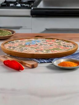 At Home by Nilkamal - Round Wooden Serving Platter 25 cm (Multicolor)