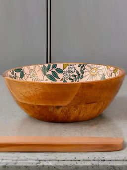 At Home by Nilkamal - Round Wooden Serving Bowl 850 ml (Multicolor)