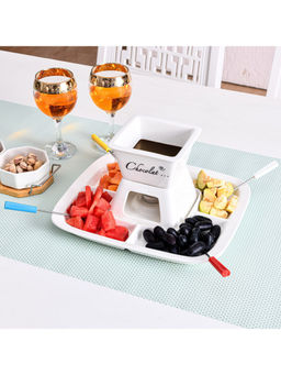 At Home by Nilkamal - Ceramic Fondue Set with Sticks (White)
